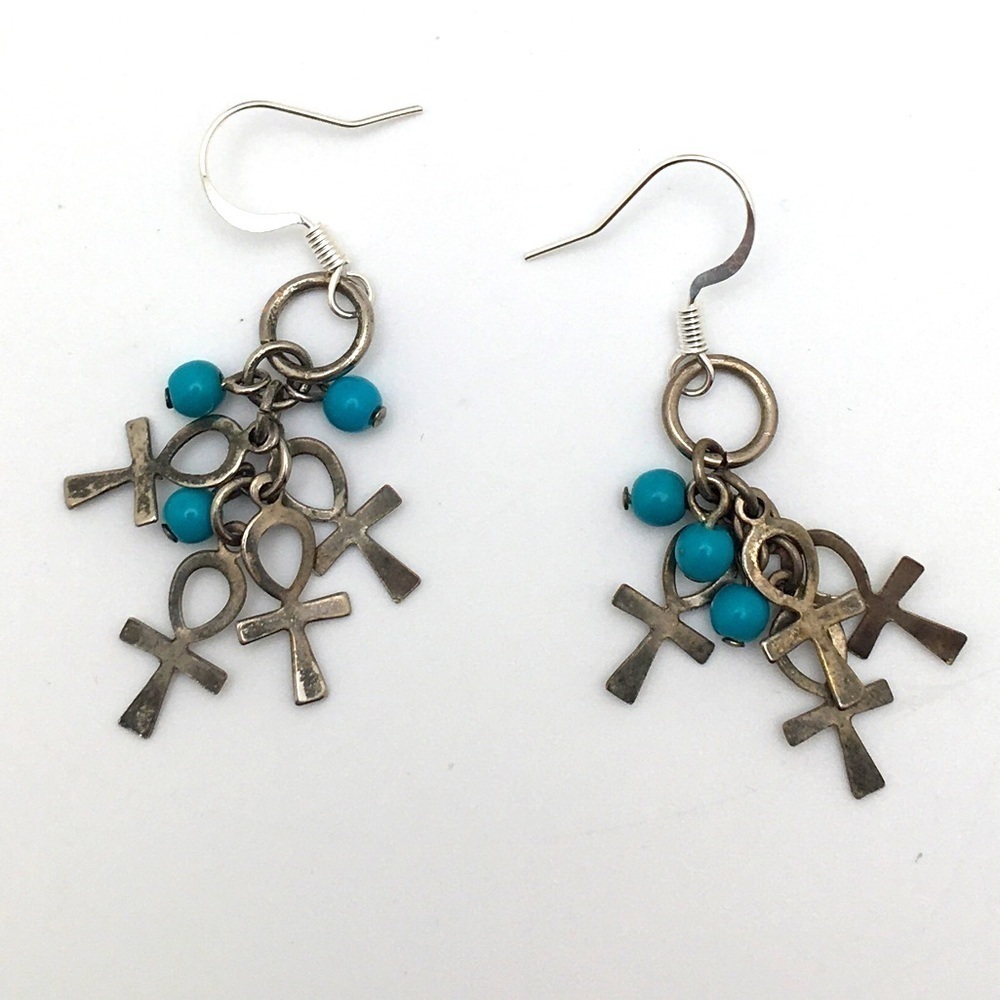 Ankh & Turquoise Bead Charm Earrings Handmade